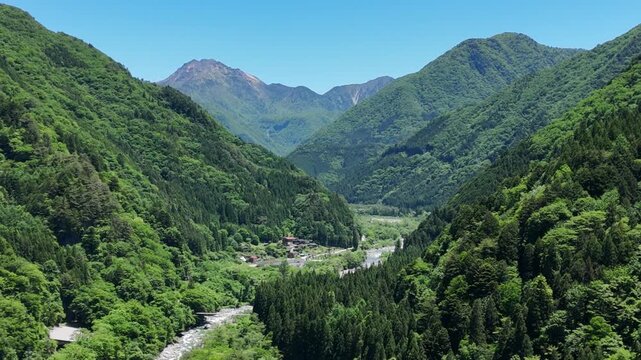 Vast valley bathed in bright sunlight. Green mountains frame serene, winding river. Trees flourish under clear blue skies. Path meanders through calm, forested landscape. Ideal for nature, travel