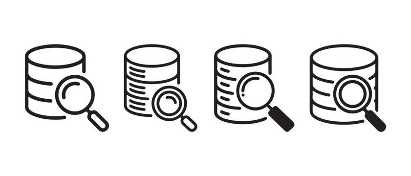 Set of database server icons with magnifying glass symbols for data search and analysis.