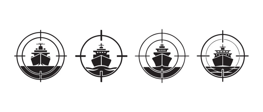 Set of black ship icons inside circular target crosshair symbols for maritime navigation and security monitoring.