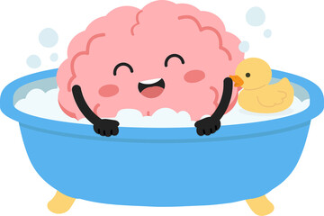 Naklejka premium Cute Brain Character Taking a Bath