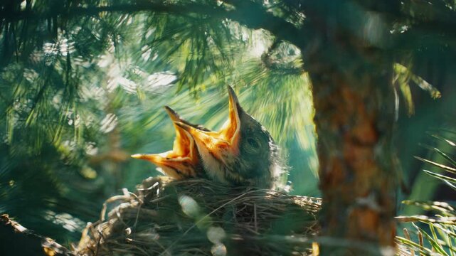Hungry baby robin chirping in pine tree nest