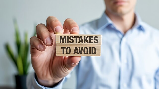 Mistakes to avoid message on wooden blocks held by business professional