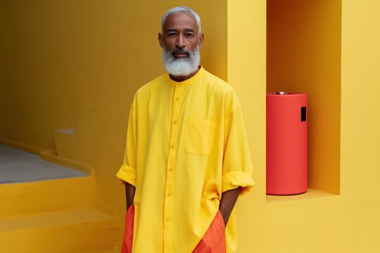 Contemporary man in oversized yellow shirt posing against a vibrant yellow set for fashion portrait and editorial banner design