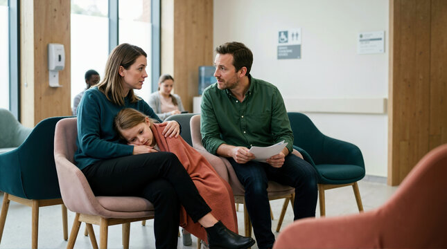 Family waiting in a hospital emergency room. Concerned parents with a sick child wrapped in a blanket. Pediatric healthcare waiting area