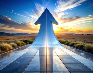 Fototapeta premium Large Metallic Arrow Sculpture Rising on Reflective Path in Open Landscape at Sunset