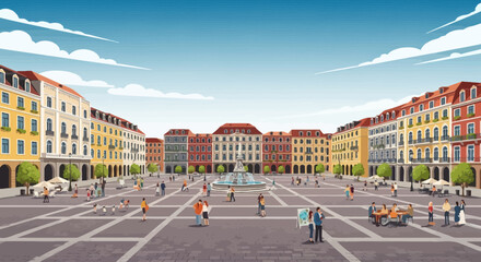 Vibrant European City Square with People and Buildings © Rizal