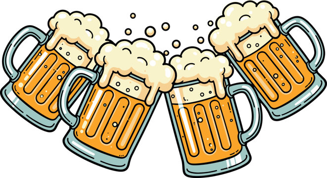 A vibrant cartoon illustration of four overflowing beer mugs clinking together in a celebratory toast, isolated on a white background.