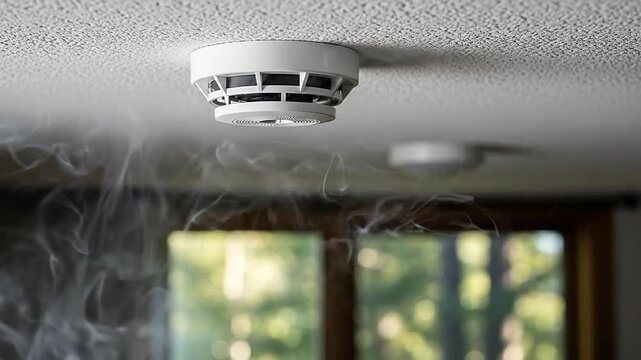A white smoke detector is mounted on a ceiling and emitting a thick cloud of smoke