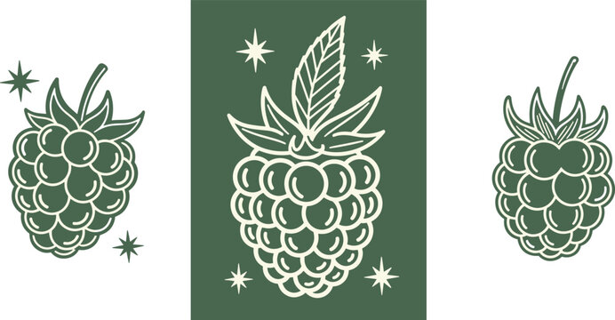 Vintage Linocut Raspberry and Blackberry Berry Vector Illustration Set with Celestial Mystic Stars for Organic Food Packaging and Logo Designs