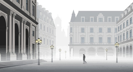 Misty European City Square with Lone Figure and Vintage Lampposts © Rizal