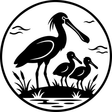 black spoonbill with his babies 