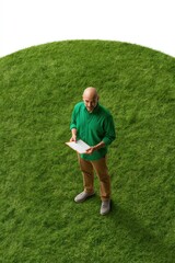 Fototapeta premium Overhead view of a man on a circular grass patch holding a clipboard for environmental poster and background design
