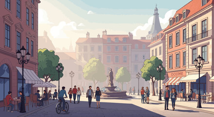 Vibrant European Town Square with People Strolling and Cycling © Rizal