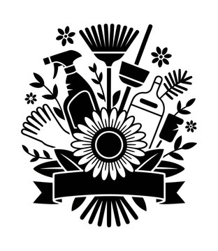 Vector of barber tools and daisy flower wreath emblem