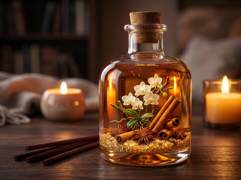 Warm Cinnamon & Orchid Aromatherapy Diffuser in Glass Bottle &ndash; Cozy Spiced Still Life with Candles