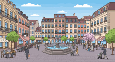 European City Square with Fountain, People, and Buildings - Illustration © Rizal