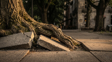 Obraz premium Strong tree roots breaking through city concrete sidewalk