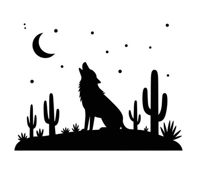 Black silhouette of a wolf howling at the moon in a desert landscape