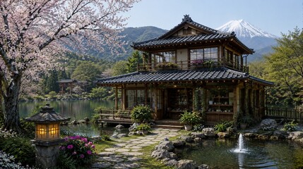 Obraz premium Traditional Japanese House Near Mount Fuji Lake