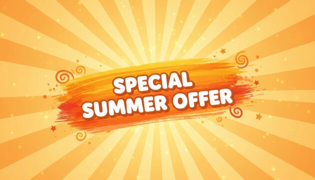 Special summer offer banner with orange sunburst background, vibrant seasonal sale promotion graphic, bright yellow and orange marketing poster
