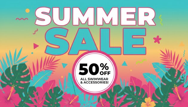 Summer sale banner with 50% off swimwear and accessories, tropical floral background with hibiscus and palm leaves, vibrant seasonal promotion