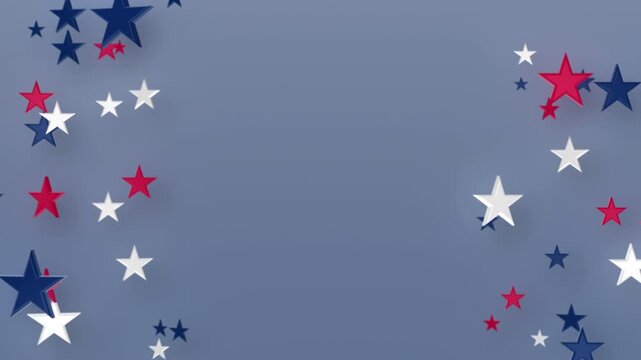 Vertical looping 3D falling red, white, and blue stars frame with central copy space for patriotic event titles, Independence Day sales promos, or national holiday video backgrounds.
