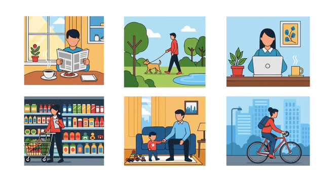 Diverse Lifestyle Activities: Reading, Walking Dog, Working, Shopping, Family Time, Cycling