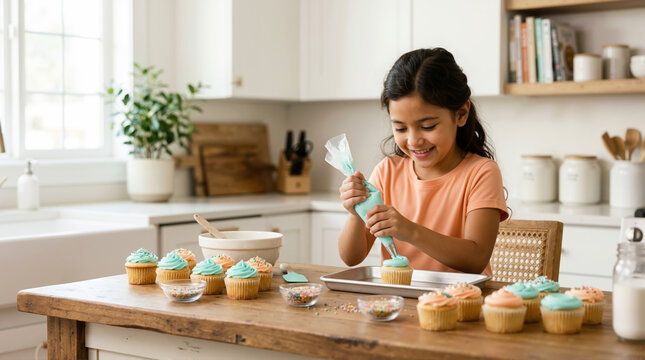 Happy girl decorating cupcakes with blue frosting in a modern kitchen. Child baking and having fun with homemade sweets and sprinkles at home