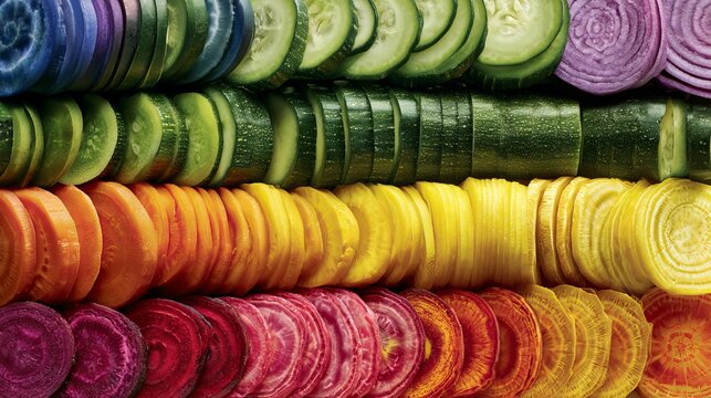 A vibrant stack of colorful sliced vegetables arranged in a rainbow pattern