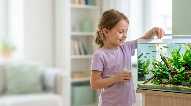 Smiling little girl feeding fish in a home aquarium. Child taking care of her pet fish in a modern living room with copy space