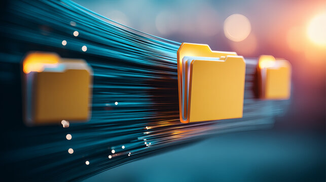 macro photograph of dense bundle of blue and cyan fiber optic cables glowing with active transmission, multiple faint glowing document icons appear along the data stream with one prominent folder 