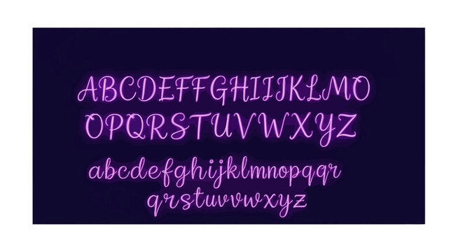 Purple neon cursive alphabet font on dark background, glowing script letters set for signs and decorative designs