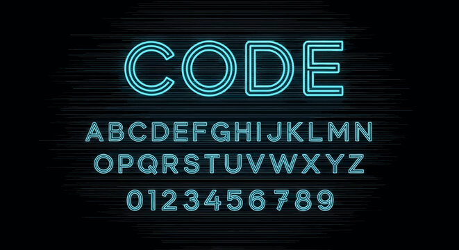 Blue Neon Retro Futuristic Alphabet and Numbers Set for Tech and Gaming Design