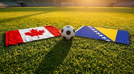 Fototapeta premium Canada Vs Bosnia And Herzegovina Soccer Match Concept With Ball And National Flags On Stadium Grass Pitch At Sunset