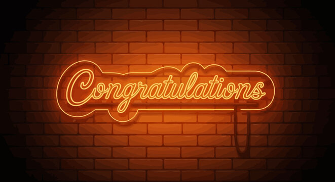 Glowing orange neon sign with the word Congratulations on a dark brick wall background