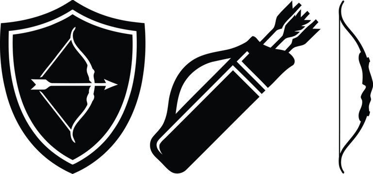 Medieval archery equipment vector set, black shield with bow and arrow icon, quiver full of arrows and longbow silhouette for gaming and sports logos
