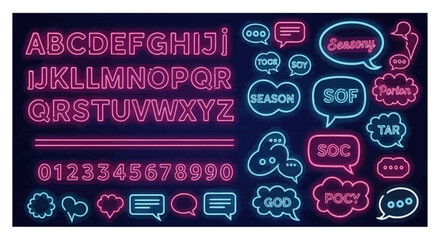 Neon alphabet and numbers set with glowing pink and blue speech bubbles on dark brick wall background © Renof