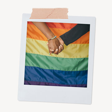 Gay couple holding hands instant photo, pride flag image