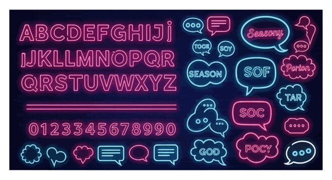 Neon alphabet and numbers set with glowing pink and blue speech bubbles on dark brick wall background