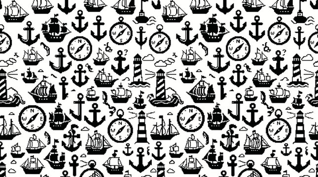 Nautical seamless pattern featuring anchors, ships, lighthouses, and compasses in a classic black and white design