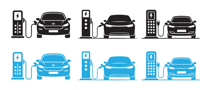 Electric car charging station icons with cable plug and vehicle in black and blue colors.