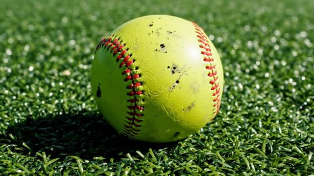 Close up view of a yellow softball resting on a vibrant green artificial turf field on a sunny day