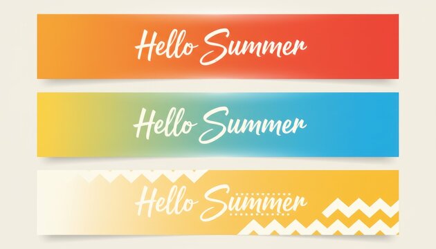 Hello Summer banner set with vibrant gradients, colorful seasonal web headers, 3 horizontal graphic elements for marketing and social media