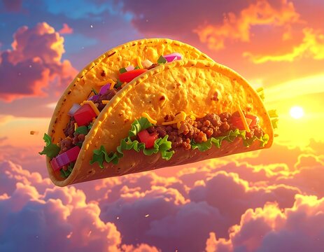 Colorful Crispy Tacos Floating in Dramatic Sunset Cloud Sky