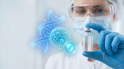 Fototapeta premium Scientist Holds Vaccine Vial in Laboratory to Examine DNA Helix Structure, Analyze Molecular Composition, Verify Shield Protection Symbol, and Study Genetic Research Data