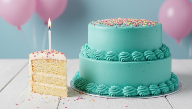 Turquoise birthday cake with sprinkles and pink balloons, tiered celebration cake on white wooden table, slice of cake with lit candle