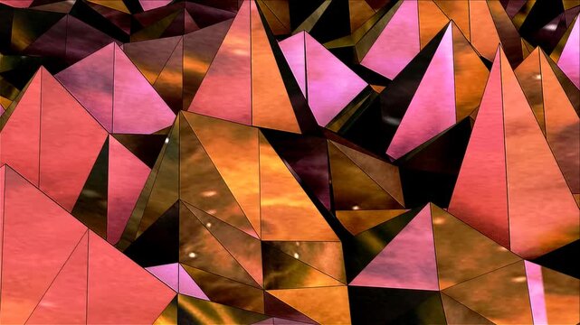 abstract red triangle background. Abstract background with polygonal surface from concrete or plastic and metallic lines and spheres as net. Animation of seamless loop
