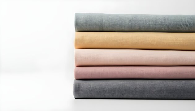 A stack of folded fabrics in various pastel colors on a white background