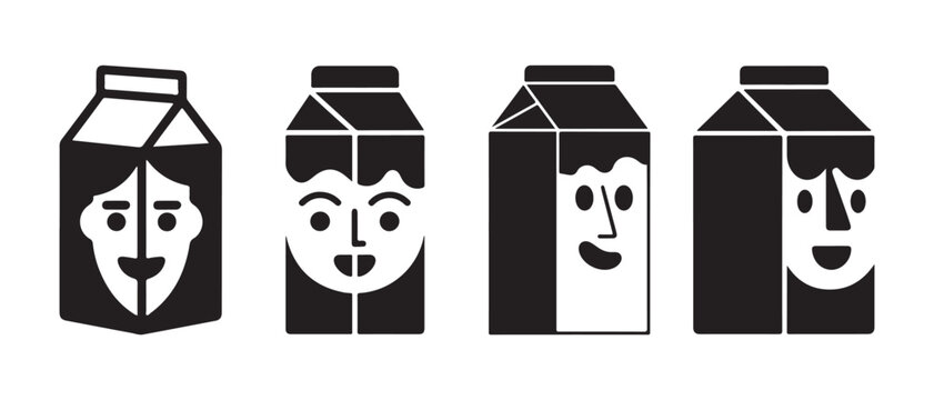 Set of black and white milk carton icons with happy human faces.