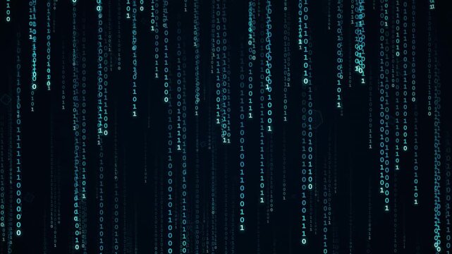 Digital binary code background with falling numbers, abstract data stream, matrix style technology concept